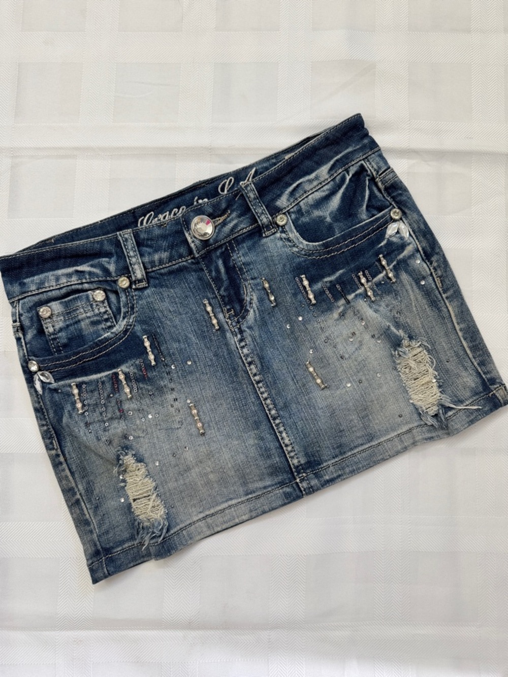 Grace in LA Embellished Distressed Denim Mini Skirt - Blue Wash